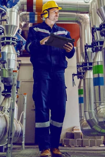 A worker uses a rugged tablet in an industrial setting